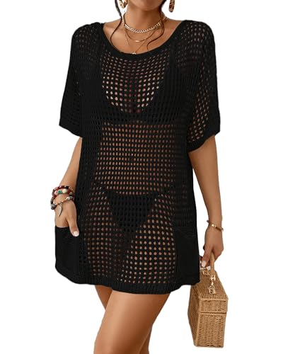 Bsubseach Crochet Coverup for Women Mesh Swimsuit Cover Up Hollow Out Bathing Suit Beach Cover Ups with Pockets2