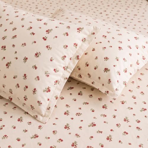 Image of Marrow Lane 300 TC Soft Air Cotton Double Bedsheet | Rose Posy | Flatsheet with 2 Pillow Covers | Ditsy Rosebud Print (228.6 x 254 cm, Ivory & Red)