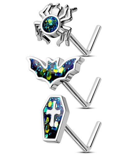 Jewseen 20g Halloween Bat Coffin Spider Nose Rings Studs 316L Surgical Steel L Shaped Nose Piercing Jewelry for Women Men
