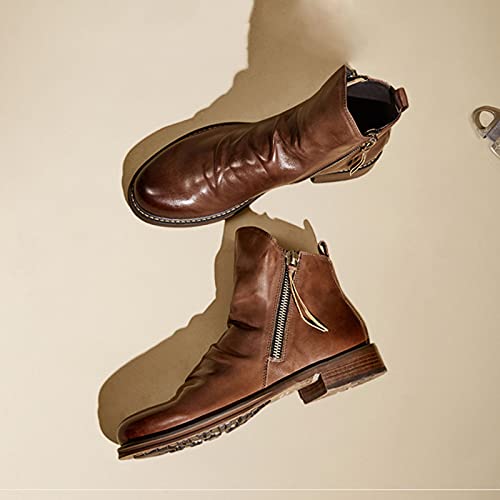 Pbnbp Chelsea Boots For Men Flat Ankle High Plain Toe Leather Boots Double Zip Non Slip Ruched Booties Winter Fall Fashion Mid Top Shoes Botas Para Hombre Brown thumb #7