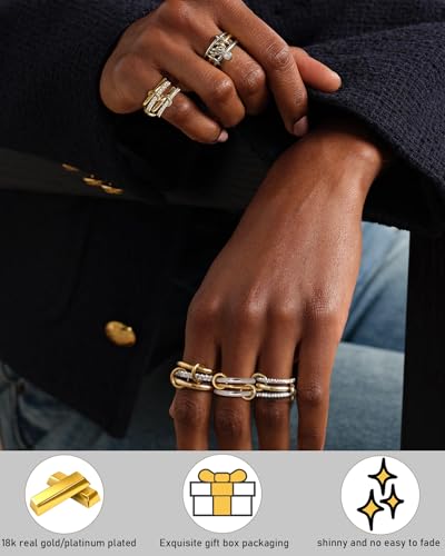tly stackable gold rings for women 18k gold plated interlocking ring stack set gold silver mixed metal statement rings waterproof dainty cubic zirconia cz fashion connected band thumb ring size 4-11 jewelry gift for women