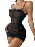 Lilosy Sexy Ruched Ruffle Babydoll Chemise Nightwear Women Mesh Sheer Nightgown Slip See Through NightDress Lingerie with Thong Wireless Black Medium