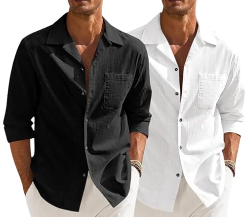 Image of Combo of Men's Casual Cotton Blend Shirt || Long Sleeve Button Down with Spread Collar | Lightweight Breathable Fabric | Stylish Solid Shirt for Beach, Office & Everyday Wear Pack of 2