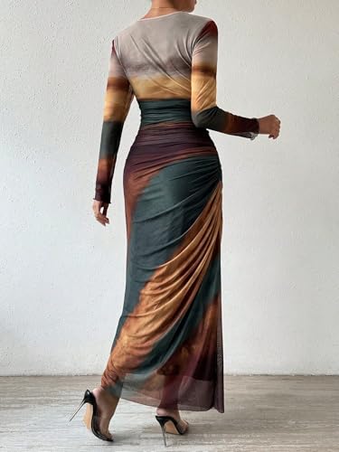 Image of LIGHT DOT Women's Printed Bodycon Maxi Dress Long Sleeve Tie Dye Mesh Ruched Cocktail Dress