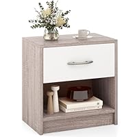 CASART 1 Drawer Bedside Cabinet, Modern Bedside Table with Drawer & Open Shelf, 2-Tier Wooden Nightstand Slim End Table for Bedroom Living Room Small Spaces, 38 x 28 x 40cm (Light Grey + White)
