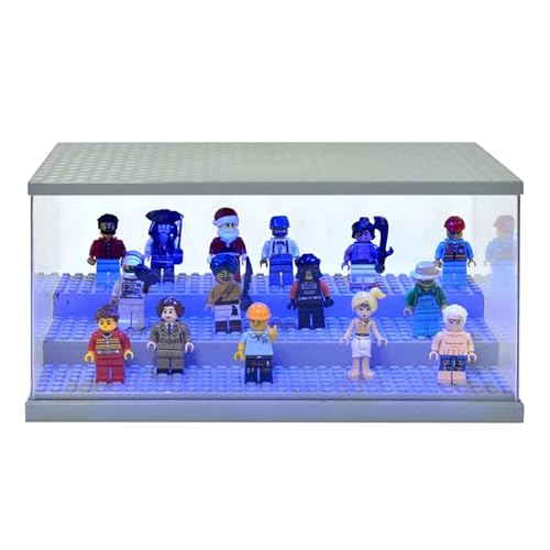 Siellmy Display Case with LED Light for Minifigure Action Figures Blocks, 3 Layers Acrylic Minifigure Storage Display Box for Lego Mini Figures, Gray