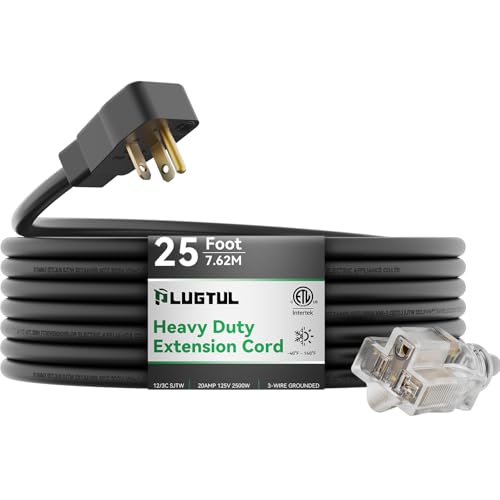 PLUGTUL 20AMP Extension Cord 25FT NEMA 5-20 Heavy Duty Extension Cord Lighted End 12Gauge SJTW 20AMP 125V 2500W Black