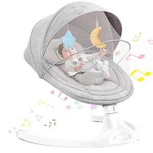 GERCHAM Silla Mecedora Bebe Eléctrica, Hamaca bebé electrica, Balancin para Bebe con 5 Amplitudes/Bluetooth/Música/Cinturón de Seguridad/Techo Removible y Mosquitera