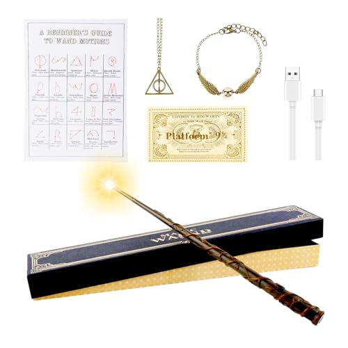 Aitsite Magic Wands 35CM Wizard Wands Glow USB Charging Light Up wand Magic Wand in Gift Box with Spell Card Station Ticket and Necklace Bracelet Official
