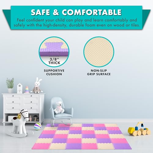 Image of ProSource Baby Play Mat, Soft Foam Floor Tiles for Kids, Interlocking EVA Panels for Playpen Use, Crawling Development Surface, Safe Non-Toxic Toddler Flooring, 72 Tiles, Pink /Purple /Beige