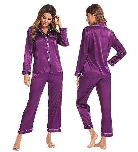 SWOMOG Pajamas Set Long Sleeve Sleepwear Womens Button Down Nightwear Soft Pj Lounge Sets Purple