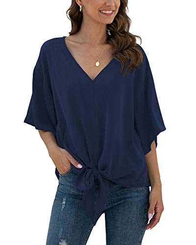 Viishow Womens Tie Front Loose Short Sleeve V Neck Blouses Chiffon Tops Summer Shirts(Navy Blue,X-Large) #TOP1