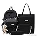 Juego de 4 mochilas combinadas con colgante de oso de peluche para estudiantes adolescentes – bolsa de lona para la escuela suministros para libros, Negro, Large