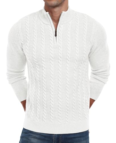 Askdeer Men's Quarter Zip Sweater Cable Knit Mock Turtleneck Sweater Long Sleeve Soft Casual Pullover Sweater