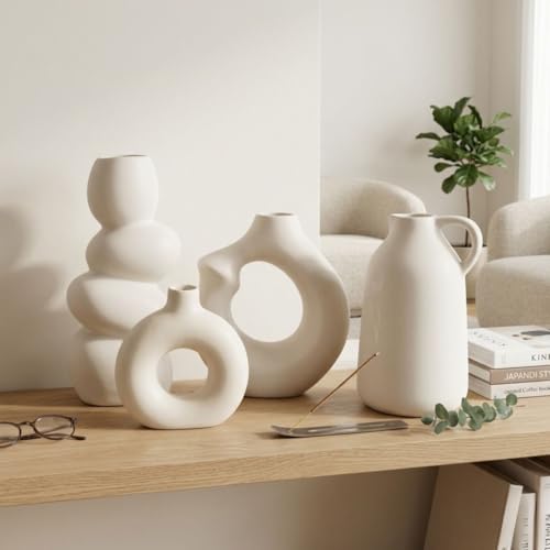 Image of Ceramic Flower Vase Set of 4 | Modern Nordic Minimalist White Decorative Vases (Donut, Arch, Bubble & Handle Design) | Pampas Grass & Dried Flower Vase for Living Room, Table, Shelf & Office Decor