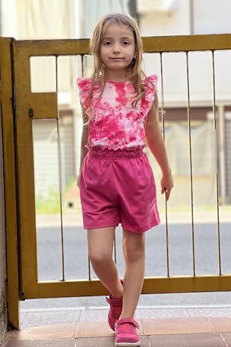 Image of Arshiner Girls Clothes Summer Outfits Ruffle Sleeve Tops and Paperbag Waist Shorts with Pockets Kids Clothing Set