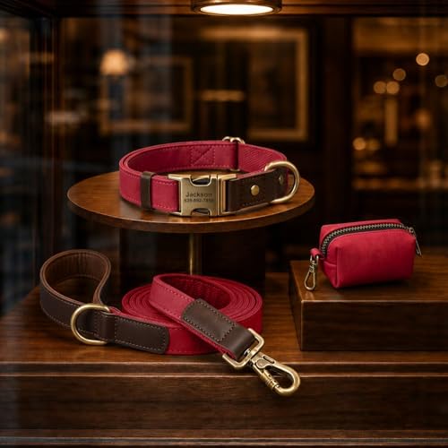 Image of Personalized PU Leather Dog Collars, Quick Release Buckle, Red,XL