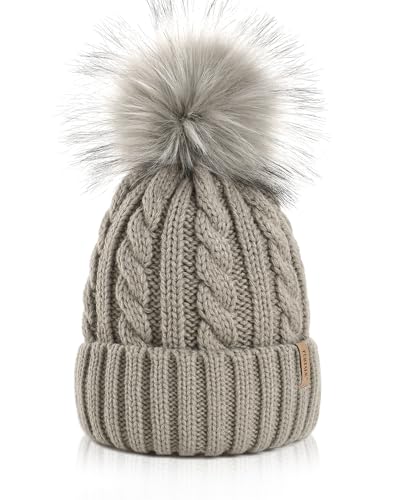 FURTALK Winter Beanie Knit Hat for Women Warm Fleece Lined with Faux Fur Pom Poms Womens Thick Ski Hats Knitted Skull Cap Fog Gray with Gray Pom