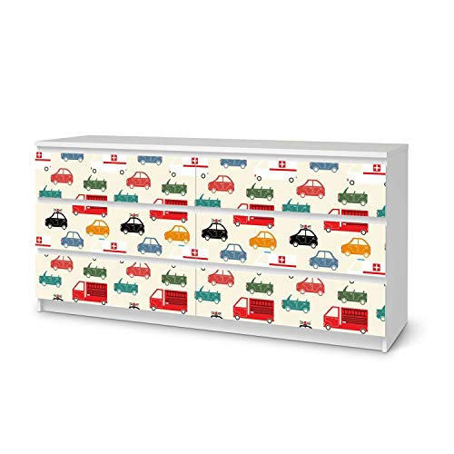 Möbel-Tattoo für Kinder - passend für IKEA Malm Kommode 6 Schubladen (breit) I Tolle Möbelsticker für Kinderzimmer Einrichtung I Design: Cars