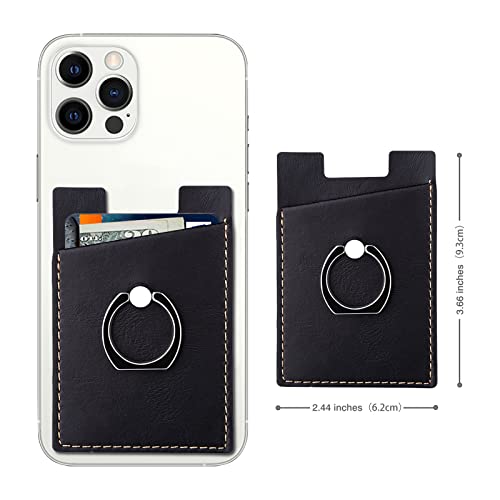Phone Card Holder With Phone Ring, Ring Wallets Combine A Finger Grip, Phone Ring Stand & Credit Card Sleeve Into Thin Phone Wallets Stick On Universal To Any Cell Phone - Black Leather #TOP1