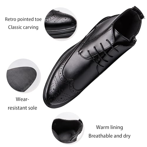 Men's Genuine Leather Wingtip Brogue Ankle Boots with Side Zip,Comfortable Non-Slip Sole Dress Oxford Business Casual Boots with lace up Retro High-Top Work Boots for Office Formal Wear3