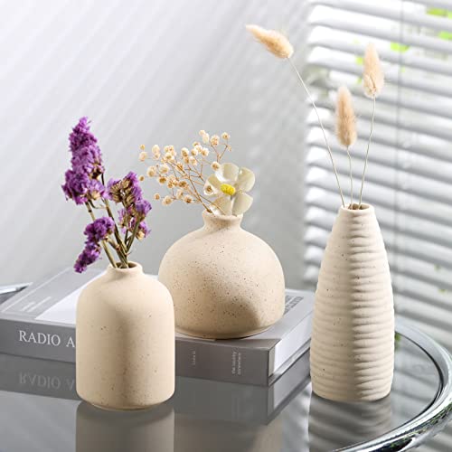 Linmaya Ceramic Vases Set, Small Ceramic Vases For Décor Set Of 3, Beige Ceramic Vases For Flowers, Shelf, Bookshelf, Table, Mantel, Entryway, Living Room, Rustic Modern Farmhouse Home Decor (Beige) #TOP7