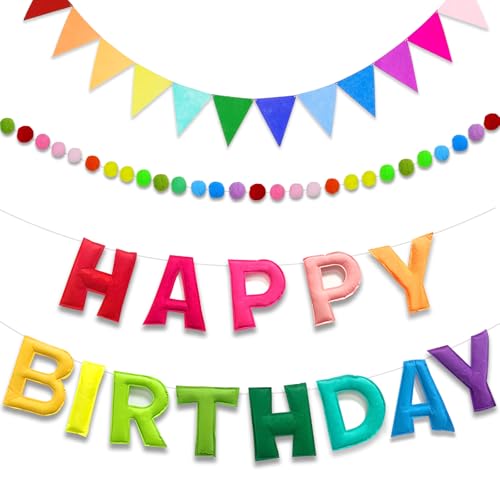 Sekonow - Sekonow 3 Pack Happy Birthday Banner, Felt 3D Rainbow Birthday Garland with Balls and Pennant Banner Flags, Reusable Colorful Happy Birthday Sign for Birthday Decorations Party Decor (Multicolour) - -11%