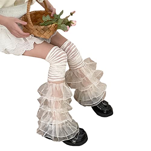 Image of Women Leg Warmers Ruffled Lace Patchwork Long Thigh High Socks Boot Cuffs Cover for Streetwear