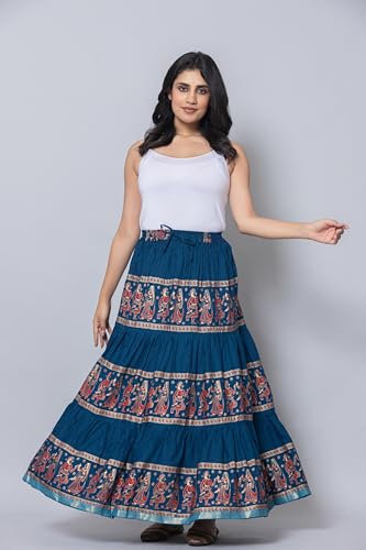 Image of Women's Cotton Printed Long Skirt | Ethnic Folk Print Tiered Maxi Skirt for Women | Elastic Waist Flared Boho Skirt | Traditional Casual for Women
