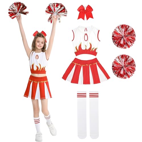 AOLIUP Disfraz de Animadora para Niña Carnevale: Disfraces Cheerleader Niño con Pompones Calcetines y Accesorios Del Cabello para Halloween Carnevale Cosplay Fiesta Traje (150(10-11 años))