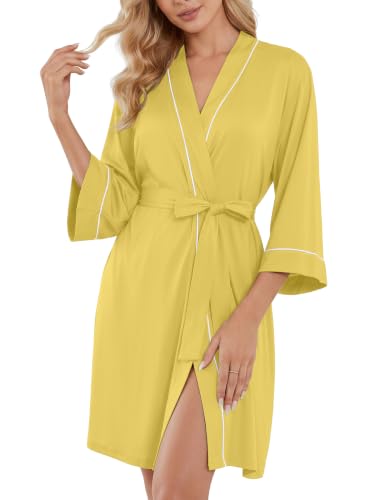 Image of PrinStory Womens Robe Knee Length Soft Knit Bathrobe S-2XL | V-Neck 3 /4 Sleeve Robes with Pockets, Lightweight, Breathable Bath Robe for Shower, Spa, Travel, Home, Party, Nursing