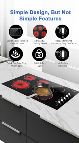 Weceleh 30 Inch Electric Cooktop 7300W Built-In Electric Stove Top 5 Burners 11 Power Levels,Knob Control,Keep Warm Function,Child Safety Lock,Hot Surface Indicator thumb #4