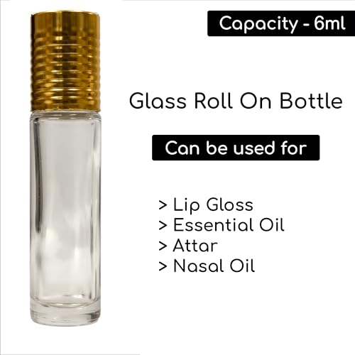 Image of by Riza Fragrance 6ml Refillable Roll-On Attar Bottle | Leakproof Clear Glass Empty Bottle with Plastic Roller & Golden Cap for Perfumes, Essential Oils, Lip Balm, etc. (24 pcs)