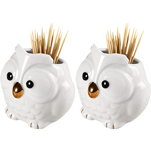 WAYUTO 2Pcs Ceramic Decorative Toothpick Holder Porcelain Toothpick Dispenser Cute Owl Figurine Toothpick Case Cartoon Animal Storage Organizer for Kitchen Home Restaurant Countertop Decor White