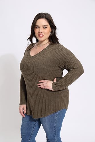 Image of RITERA Plus Size Sweater, Ribbed Long Sleeve Solid Top for Women | Soft vertical ribbed knit, modest V neck, loose long sleeves, curved swing hem, slimming casual layering top for curvy women