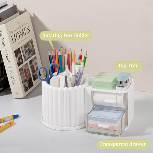 Image of Anyoifax 360 Rotating Pen Holder 7 Slots Desk Organizer with Drawer Removable Pencil Cup Plastic Art Supplies and Accessories Desktop Storage Box Caddy for Office, School, Home (White)