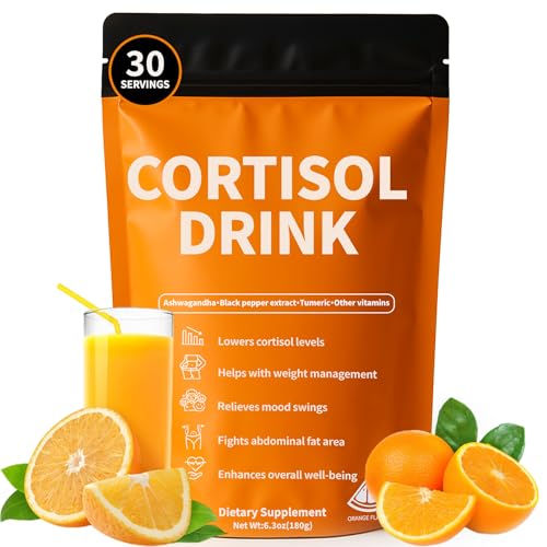 Cortisol Drink Powder - Natural Cortisol Supplements for Ashwagandha L-Theanine Turmeric Root Black Pepper Extract Relaxation Focus Mental Clarity