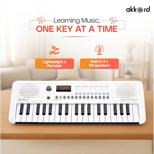 Image of Akkord 37 Keys Music Keyboard - White Edition | 20 Rhythms, 10 Tones & 10 Demos, LED Display, Portable Beginner Piano Compatible | Kids, Beginner Keyboard with USB-C Cable (Without Adapter and MIDI)