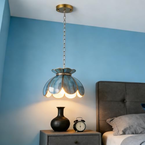 Image of Brass Glass Ceiling Pendant Light, Hanging Chain lamp, with Vintage Lotus Flower Blue Green Glass Shade for Kitchen Island Dining Room Bedroom Living Room-7.9 inch Shade
