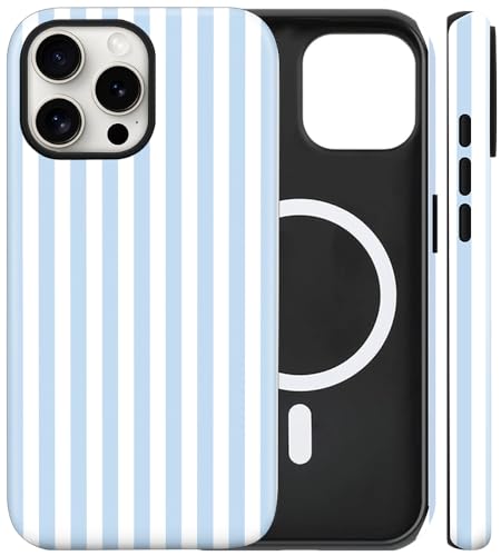 flewfun Magnetic for iPhone 13/14 Case Cute Stripes Phone Case, Shockproof Slim TPU and Hard PC Protective Phone Cover Compatible with MagSafe Designed for Women Girls, Blue and White