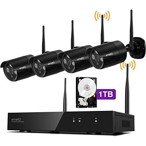 Wireless Security Camera System Outdoor, XMARTO [4-Pack 1080p Audio] WiFi Security Cameras with 4-Channel H.265+ NVR, Easy Mobile View, Weatherproof, IR Night Vision, with Microphone Ports, 1TB HDD