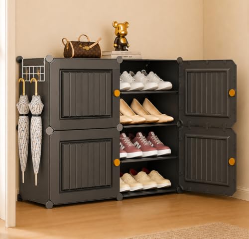 Image of Sunderlook Shoe Rack Plastic for Home- Shoe Stand, Chappal Stand, Professional Multipurpose Foldable Standing Comfort Runner Shoe Rack with Door, Slipper Stand (Charcoal Grey, 8 Shelf 4 Door)