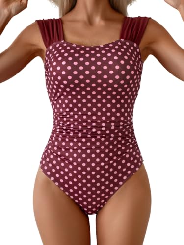 Image of B2prity Women's One Piece Swimsuit Tummy Control Full Coverage Bathing Suit | Retro Square Neck,Ruched Details,Wide Straps,Tie-Back,Modest