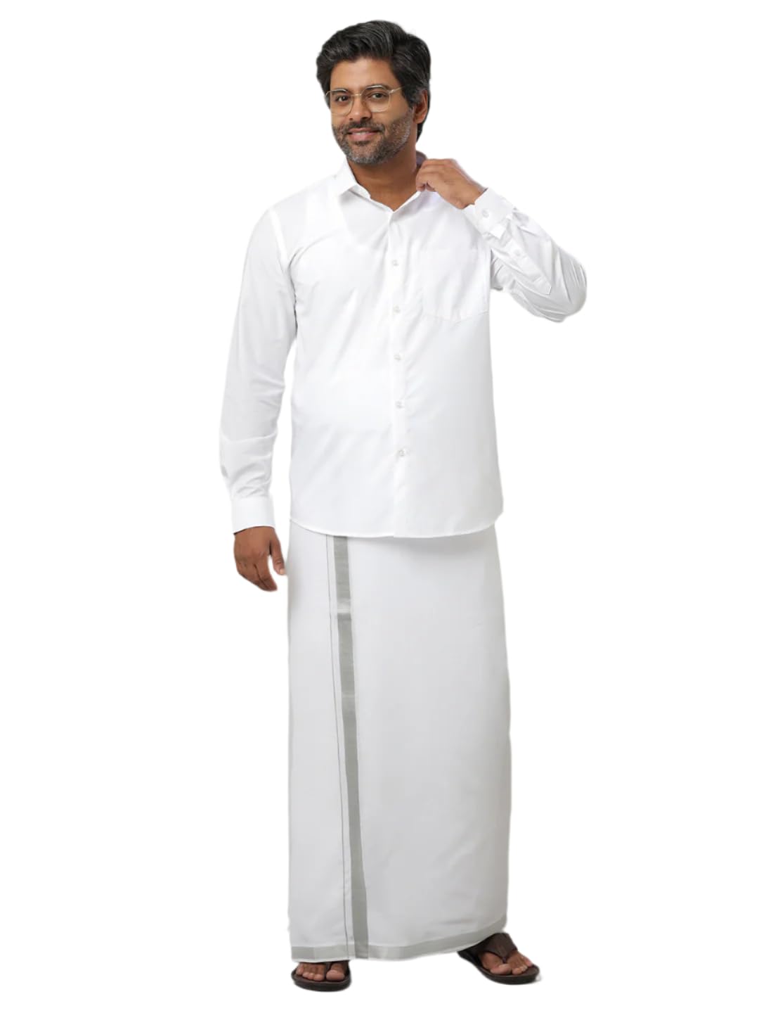 Men Cotton Blend White Shirt & Single Layer Dhoti Combo with 3/4-Inch Silver Jari Border-F44-image-48