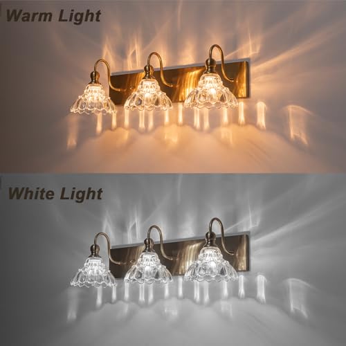 Image of EDISLIVE Vintage Vanity Light for Bathroom Gold 3-Light Bath Wall Light Fixture with Clear Flower Glass Shades 26.38 inch E12 Antique Wall Sconce for Bedroom Hallway Living Room Vanity Mirror