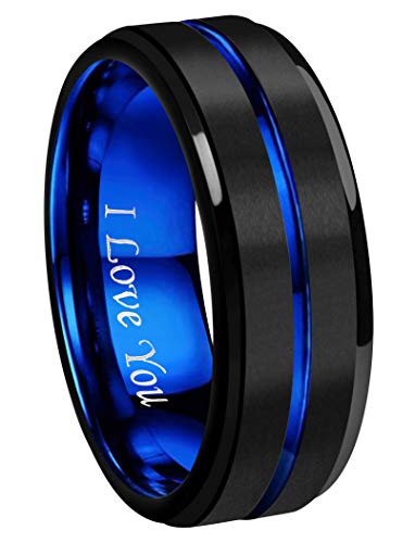 CROWNAL 6mm/8mm Tungsten Carbide Wedding Rings Men Women Blue/Rose Gold Line Ring Black and Silver Brushed Engraved I Love You Comfort Fit Size 4 To 16