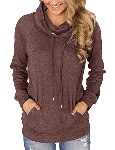 Prettoday Women's Cowl Neck Long Sleeve Tunic Sweatshirts Casual Loose Drawstring Pullover Tops With Pockets… Dark Red #TOP18