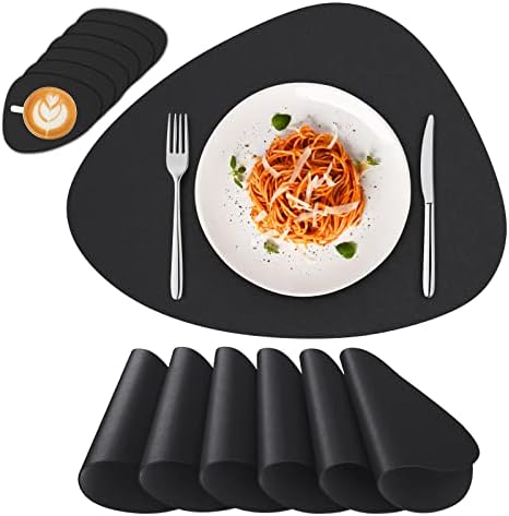 Deyooxi Placemats and Coaster Sets 6 PU Leather Place Mats Washable for Kitchen Indoor Outdoor Dining Table Restaurant Black
