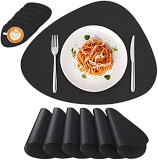 Deyooxi Placemats and Coaster Sets 6 PU Leather Place Mats Washable for Kitchen Indoor Outdoor Dining Table Restaurant Black
