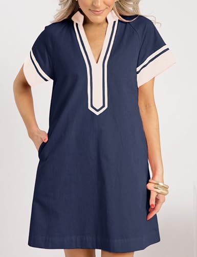 QIBABU Linen Dress for Women V Neck Color Block Summer Short Sleeve A-Line Mini Dress with Pockets4